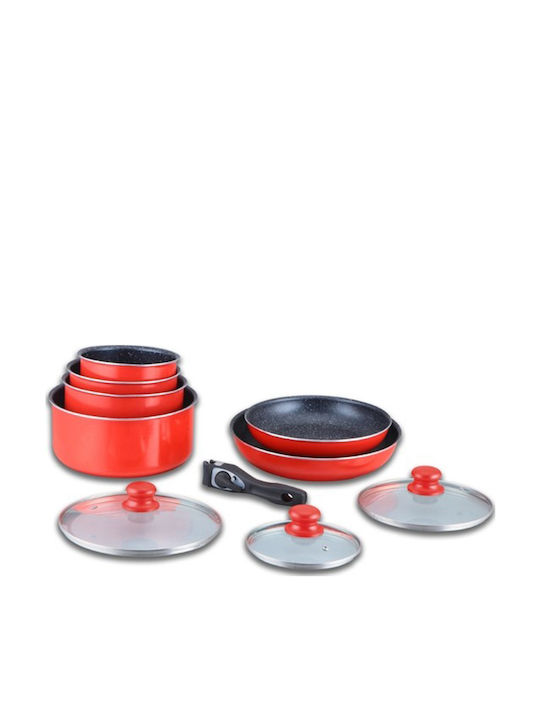 Herzberg Herzberg Cookware Set in Burgundy Aluminum with Stone Interior Coating 6 Pieces
