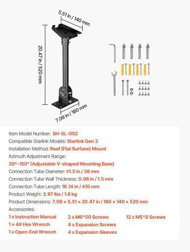 Vevor Starlink Gen 3 Roof Mount 30-150° Adjustable Mounting Roof Pole Adapter