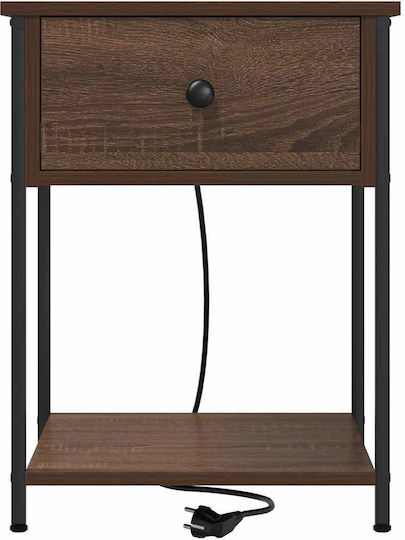 Metal Bedside Table with Glass Surface Brown Oak 42x41x56cm