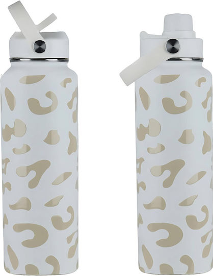 Cool'NMore Thermos Bottle Stainless Steel BPA Free 1lt White with Mouthpiece Loop Straw and Handle