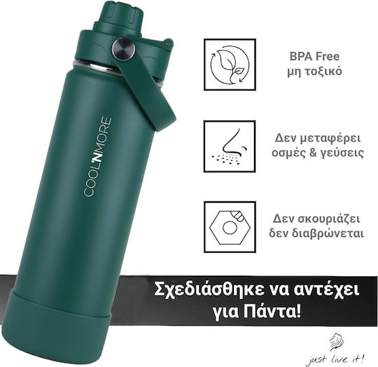 Cool'NMore Stainless Steel Thermos Bottle BPA Free 750ml Moss Green with Handle Straw Loop and Mouthpiece