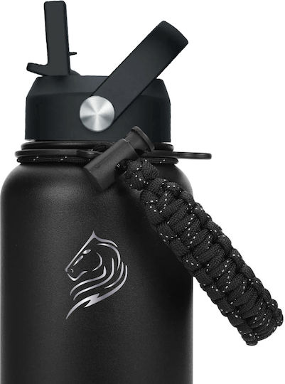 Cool'NMore Stainless Steel Thermos Bottle BPA Free 750ml Black with Mouthpiece Loop Straw and Handle