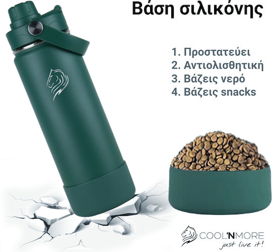 Cool'NMore Thermos Bottle Stainless Steel BPA Free 500ml Moss Green with Mouthpiece Loop Straw and Handle