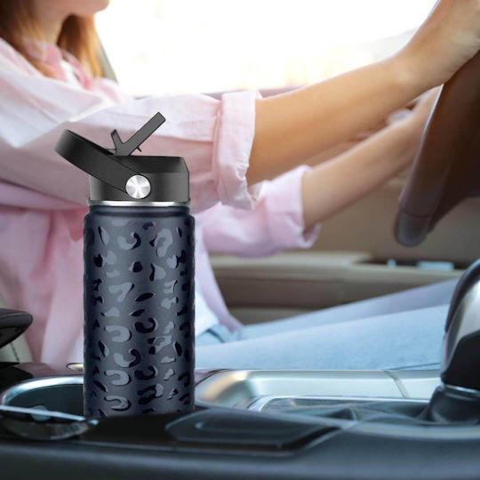 Cool'NMore Stainless Steel Thermos Bottle BPA Free 750ml Black with Mouthpiece Loop Straw and Handle