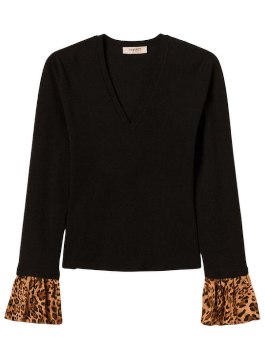 Women's Long Sleeve Sweater Animal Print Black