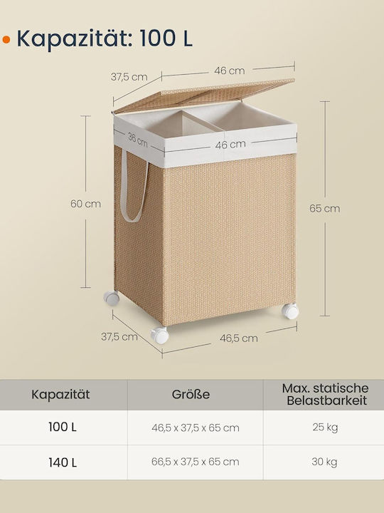 Songmics Wicker Laundry Basket 100lt with Cap 46.5x37.5x65cm Beige