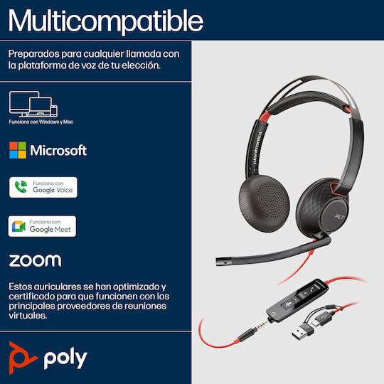 Poly Blackwire 5220 On Ear Multimedia Headphone with Microphone USB-C
