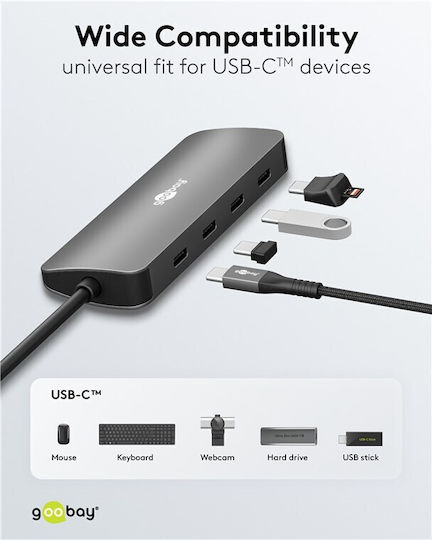 Goobay USB Хъб 4 Порта USB 3.2 с USB-C Връзка Сив