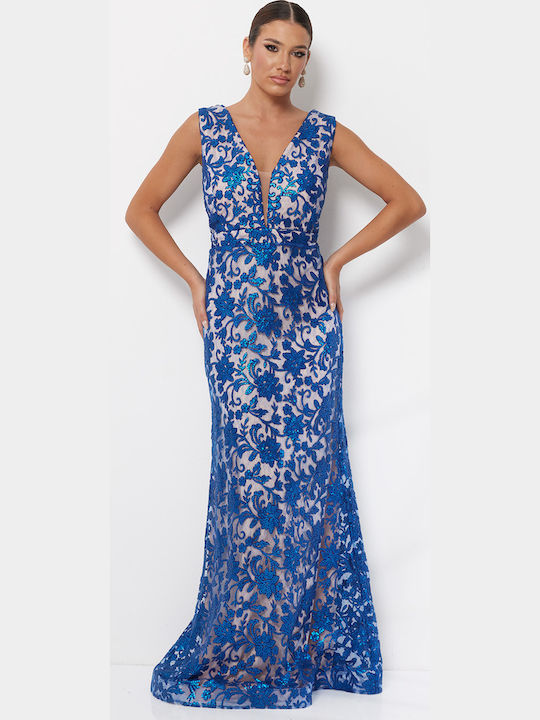 Maxi Abendkleid mit Spitze & Transparenz Blau