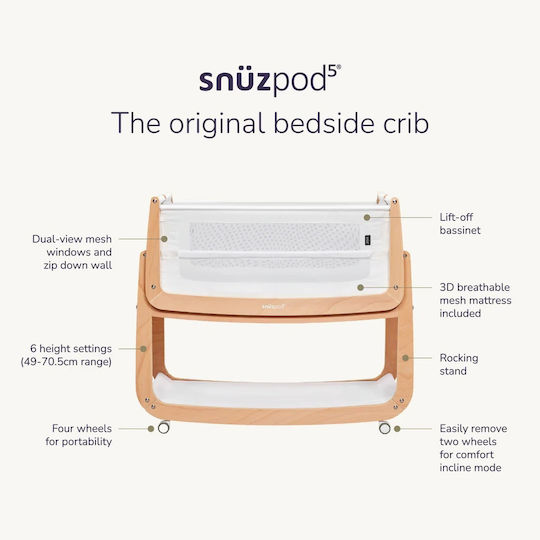 Snuz Λίκνο Snuzpod5 με Στρώμα και Ρόδες Μπεζ