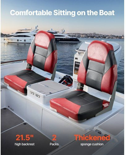 Vevor Boat Seat High Backrest Folding Boat Seat Sponge Cushion Black & Red
