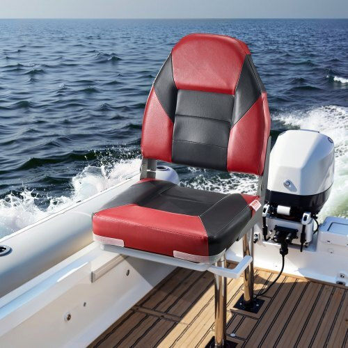 Vevor Boat Seat High Backrest Folding Boat Seat Sponge Cushion Black & Red