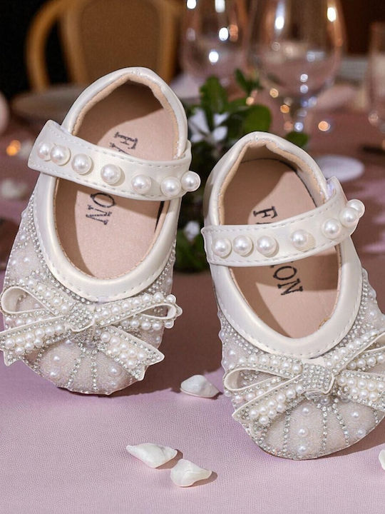 Kids Leather Ballerinas with Hoop & Loop Closure Ecru