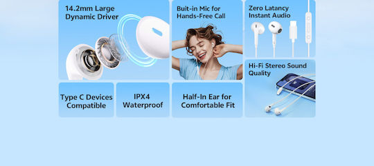 QCY In-ear Handsfree Ακουστικά με Βύσμα USB-C Λευκό
