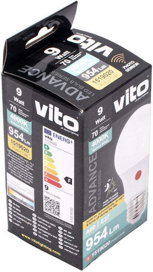Vito LED Bulb 9W For E27 Socket And A60 Shape Natural White 810lm With Photocell