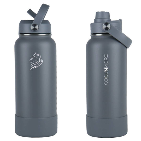 Cool'NMore Stainless Steel Thermos Bottle BPA Free 1lt Lava Grey with Handle Straw Loop and Mouthpiece