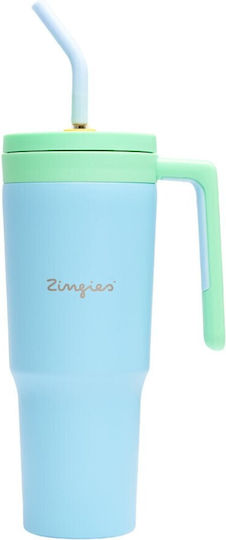 Zingies Чаша с дръжка Термос Неръждаема стомана / Пластмасов Без BPA 1.18lt Teal с Сламка и Дръжка