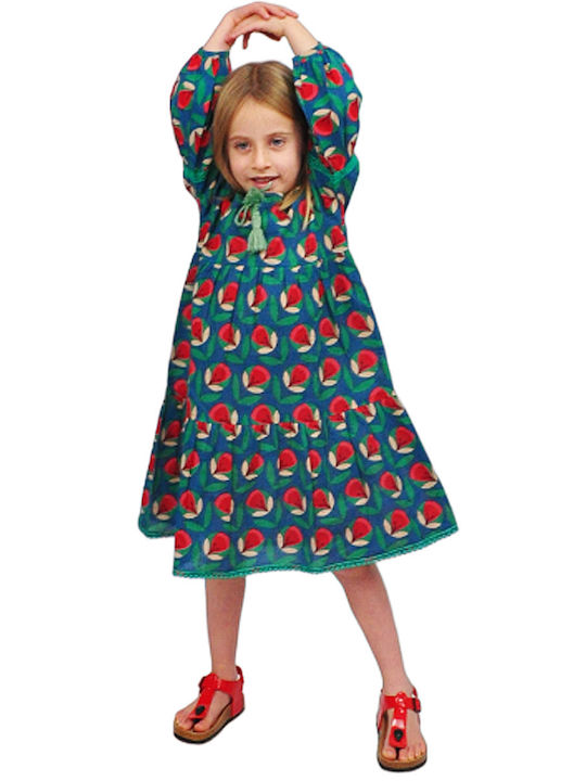 Kinderkleid Langärmelig Blumen Turquoise