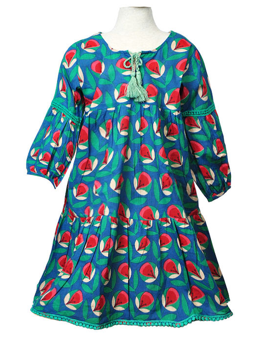 Kinderkleid Langärmelig Blumen Turquoise
