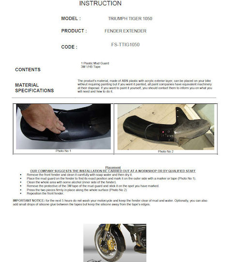 Prelungire Aripă Față Triumph Tiger 1050 2007-2012