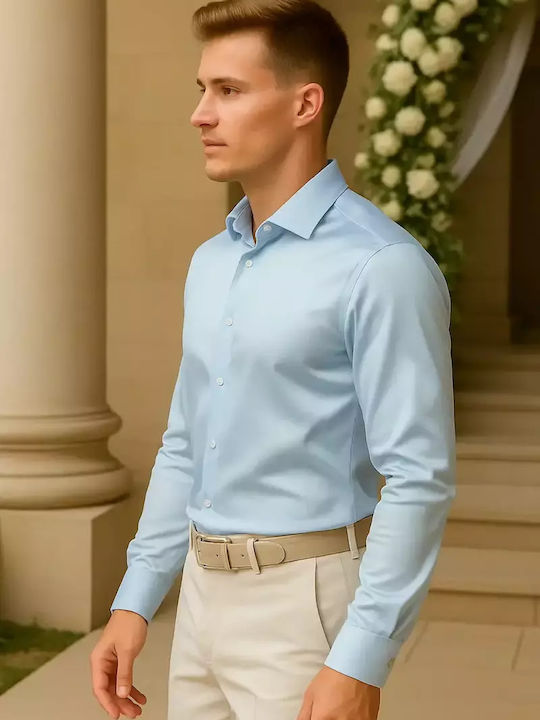 Cu mânecă lungă Bumbac Cămașă în Linie lată Light Blue