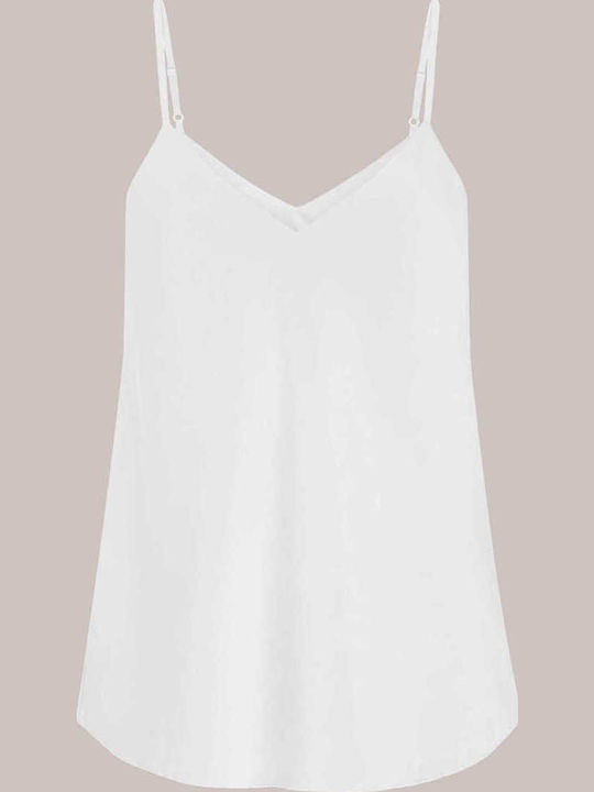 Women's Summer Satin Blouse with Spaghetti Straps & V-Neckline White