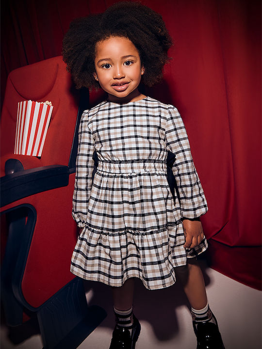 Girls Dress Long Sleeve Checked Set with Coat and Accessories Black
