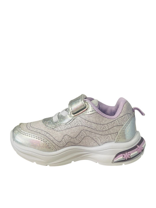 Frozen Παιδικά Sneakers Ανατομικά με Σκρατς & Φωτάκια Ασημί
