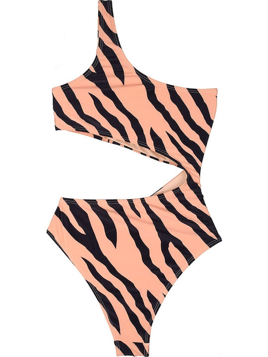 One Piece Swimsuit with Openings Animal Print Beige