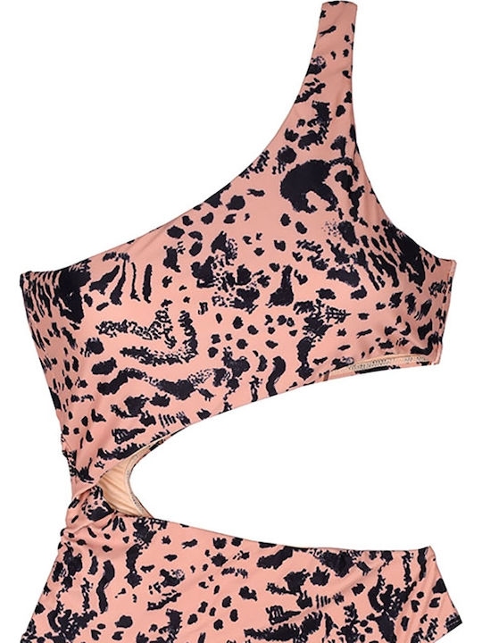 One-Piece Swimsuit with Cutouts Beige Animal Print