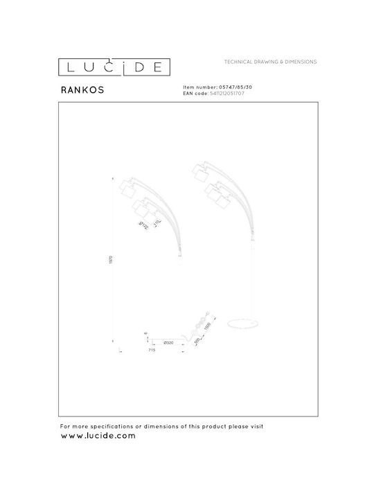 Lucide Lightning Rankos Подова Лампа с Цокъл за Крушка E14 Черен