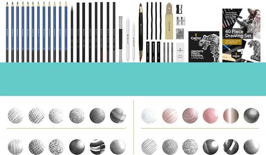 castle Art Supplies Drawing Set 40 Pieces Drawing & Sketching Instructions Coal Pencils Graphite Pencils Erasers Sharpeners Other Drawing Tools Art Accessories Zipper Case Artists Professionals & Beginners