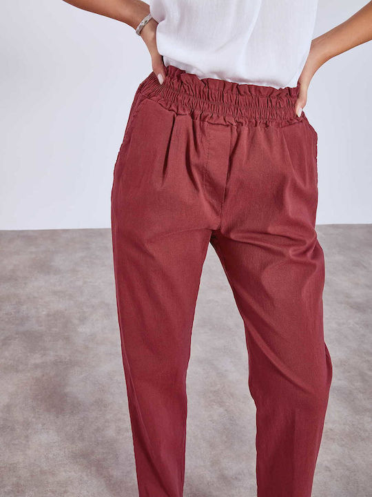 Γυναικείο Ψηλόμεσο Υφασμάτινο Παντελόνι με Λάστιχο σε Κανονική Εφαρμογή Μπορντό