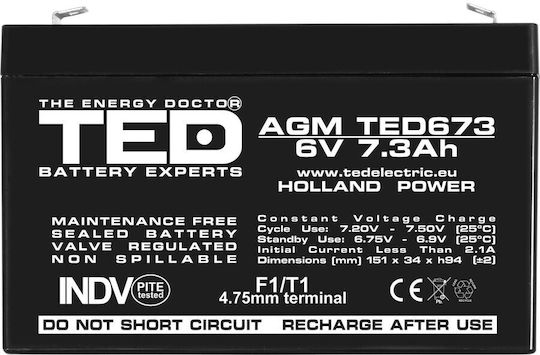 Baterie Agm Vrla 6V 7.3A Dimensiuni 151mm X 35mm X H 95mm F1 Ted Battery Expert Holland Ted002976 10