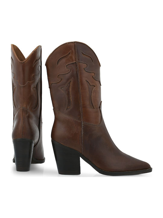 Leder Damen Cowboy-Stiefeletten mit hohem Absatz Tabac Braun