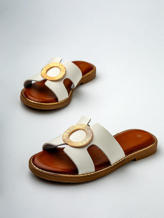 Leather Women's Flat Sandals in White Color