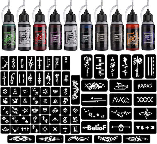 Temporary Tattoo Kit 10 Different 15ml Ink Bottles 84 Different Waterproof Easy-to-use Stencils