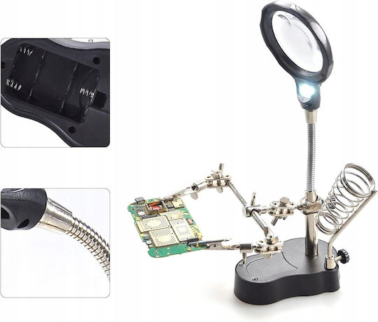 Third Hand Magnifier 3.5x 12x Te-801 2x Led Soldering Iron Holder Adjustable Alligator Clips Stable Base 10x6cm Height 26cm