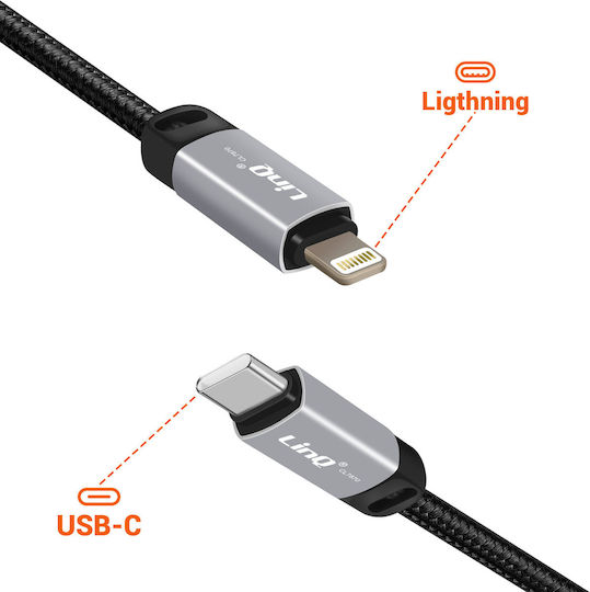 Linq Lightning To USB-C Power Delivery 36W Cable In Braided Nylon 1.2m Black
