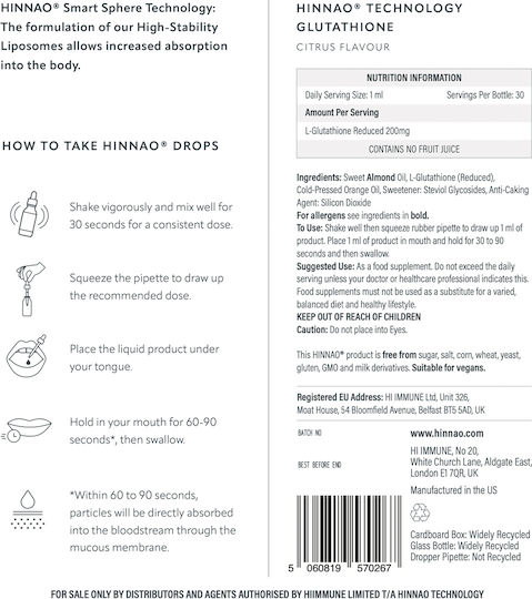HINNAO HINNAO Glutathione 200mg Besondere Nahrungsergänzungsmittel 30ml Geschmack Zitrus