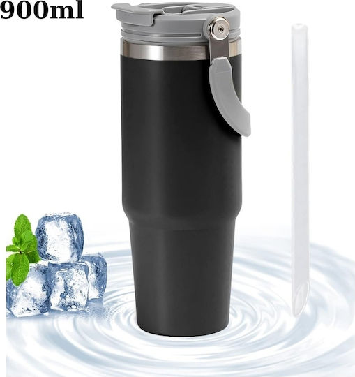 Uncle George Ποτήρι Θερμός Ανοξείδωτο / Αλουμίνιο BPA Free 900ml Επιστόμιο Καλαμάκι Μαύρο με Επιστόμιο και Καλαμάκι