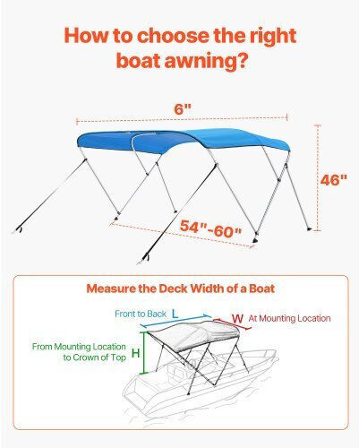 Vevor 3 Copertine Barca Bow Bimini 6 Ft Lungime Copertină Poliester 600d Albastru Pacific