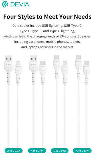 Devia USB 2.0 Cable USB-C male - USB-C 60W Λευκό 1m