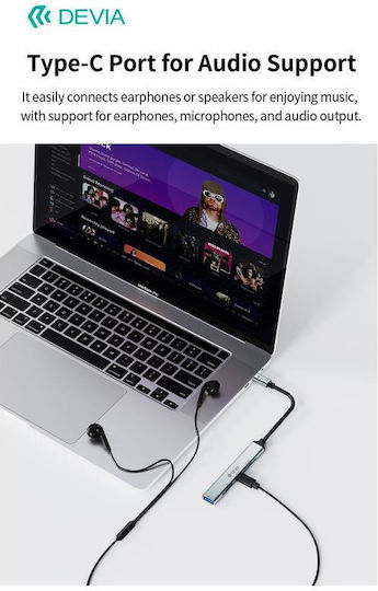 Devia USB-Hub 4 Anschlüsse USB 3.0 mit USB-C Verbindung Grau