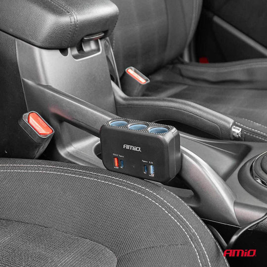 AMiO Car Charger 120W Fast Charging with Ports: 1xUSB 1xType-C 3xLighter with Cable Embedded Black Color