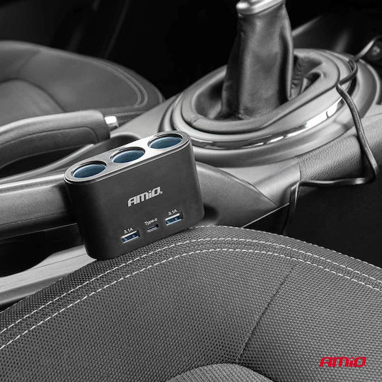 AMiO Car Charger 120W Fast Charging with Ports: 1xUSB 1xType-C 3xLighter Black Color