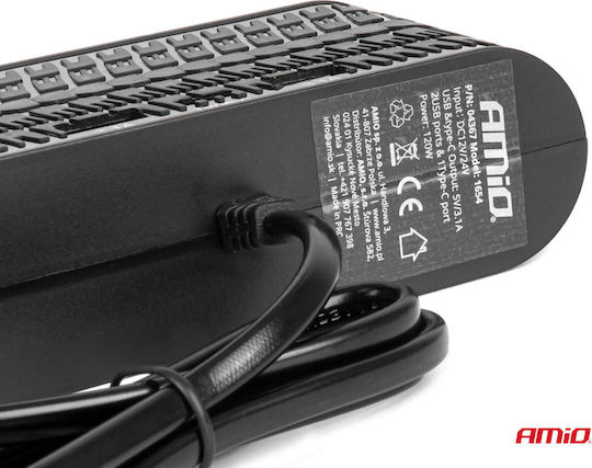 AMiO Φορτιστής Αυτοκινήτου 120W με Θύρες: 1xUSB 1xType-C 4xΑναπτήρα μαζί με Καλώδιο Ενσωματωμένο Μαύρο Χρώμα