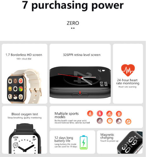 Zerofit Smartwatch Ultra Slim 1.7" Monitorizare Ritm Cardiac Tensiune Arterială 24/7 Notificări Apeluri Mesaje Multi-sport Durată Mare a Bateriei Rezistent la Apă Argintiu Verde