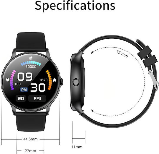 Tokio Fashion Smartwatch Idealstore Runde LCD-Anzeige Ultraschlank Bluetooth-Anrufe Android-iOS Menstruationszyklusüberwachung Schritte Kalorien Blutdruck Herzfrequenz Schrittzähler Musiksteuerung Multisport GPS Langlebiger Akku Schwarz