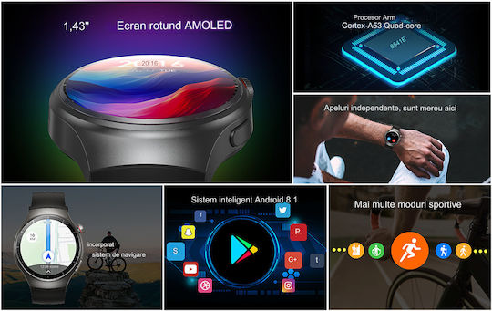 Smartwatch Idealstore Roundsims3 1.43 Inch Amoled Display Android 8.1 GPS Glonass Compass 4G Calling HD Speaker Microphone 1000 mAh Battery Nano SIM Heart Rate Monitor SpO2 Magnetic Charging Quad-Core Cortex Processor Black Silicone Strap